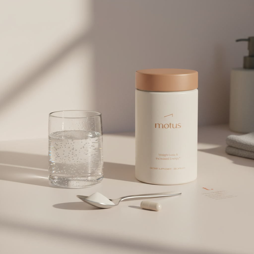 Minimal bathroom counter with a clear glass of water, measured dose on a spoon, and Tonum Motus jar subtly placed in the background — downside to taking Metamucil
