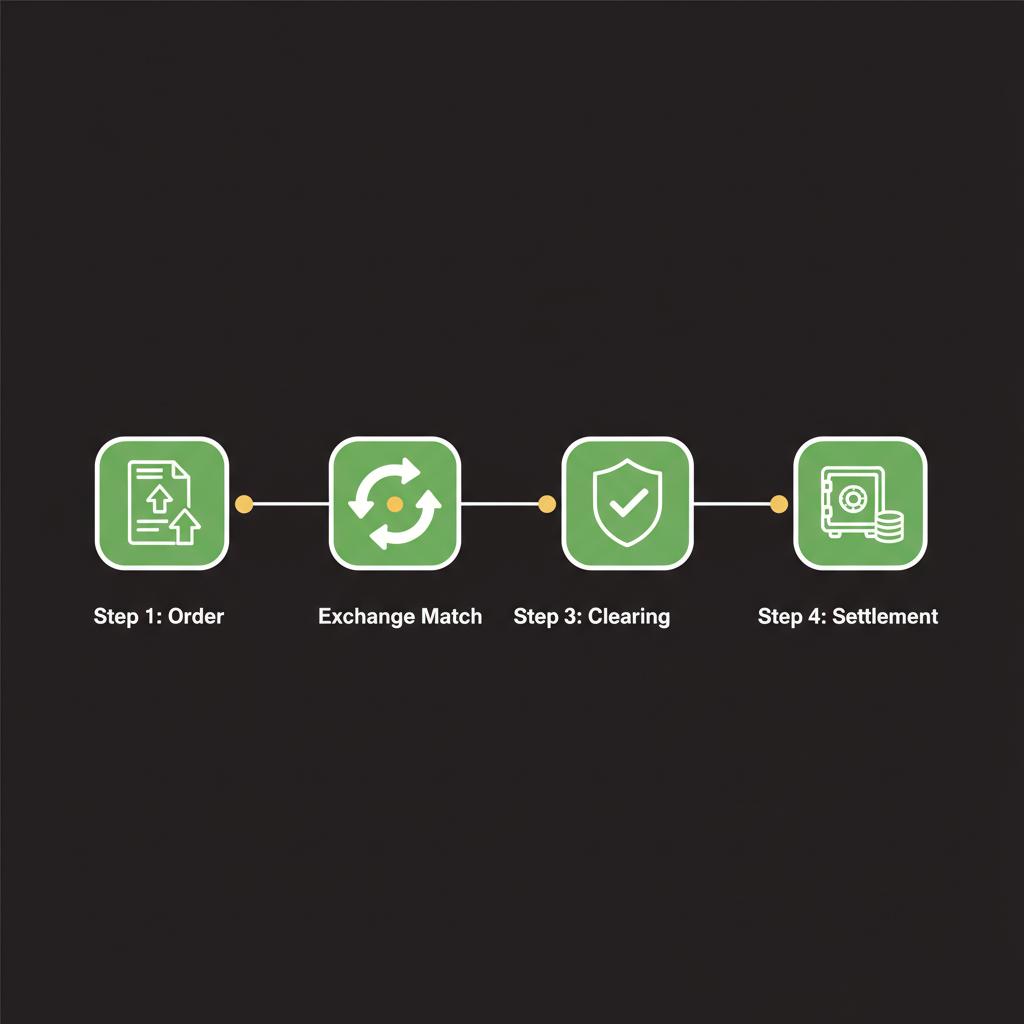 Minimal 2D vector trade lifecycle timeline showing order exchange match clearing settlement icons on dark background basic of shares