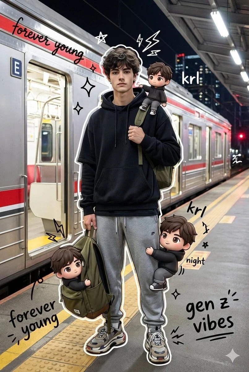 Un retrato de alta calidad en técnica mixta de un joven moderno (utilizando mi foto personal subida) de pie en un tren...