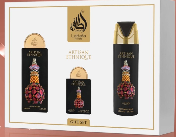 ESTUCHE LATTAFA PRIDE ARTISAN ETHNIQUE UNISEX 3PZS 100ML EDP + 20ML EDP + SPLASH