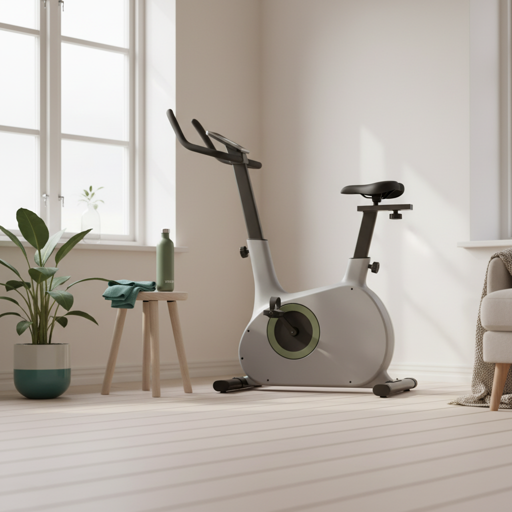 Minimalistische Trainingsnische mit Heimtrainer Kniearthrose am Fenster, skandinavischer Stil, Hocker mit Handtuch und Trinkflasche, helle #F7EDE6 Wand, dezente Akzente