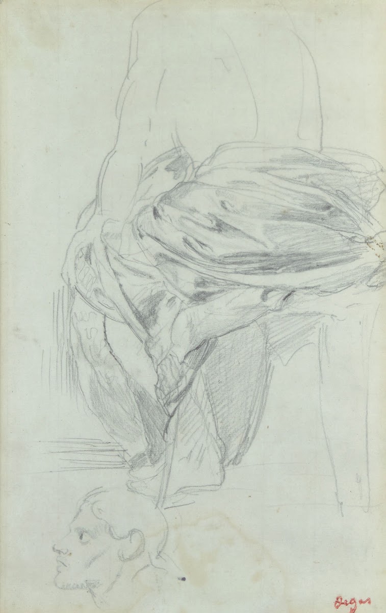 Etude de draperie avec repris de tête dhomme de profil circa 1856