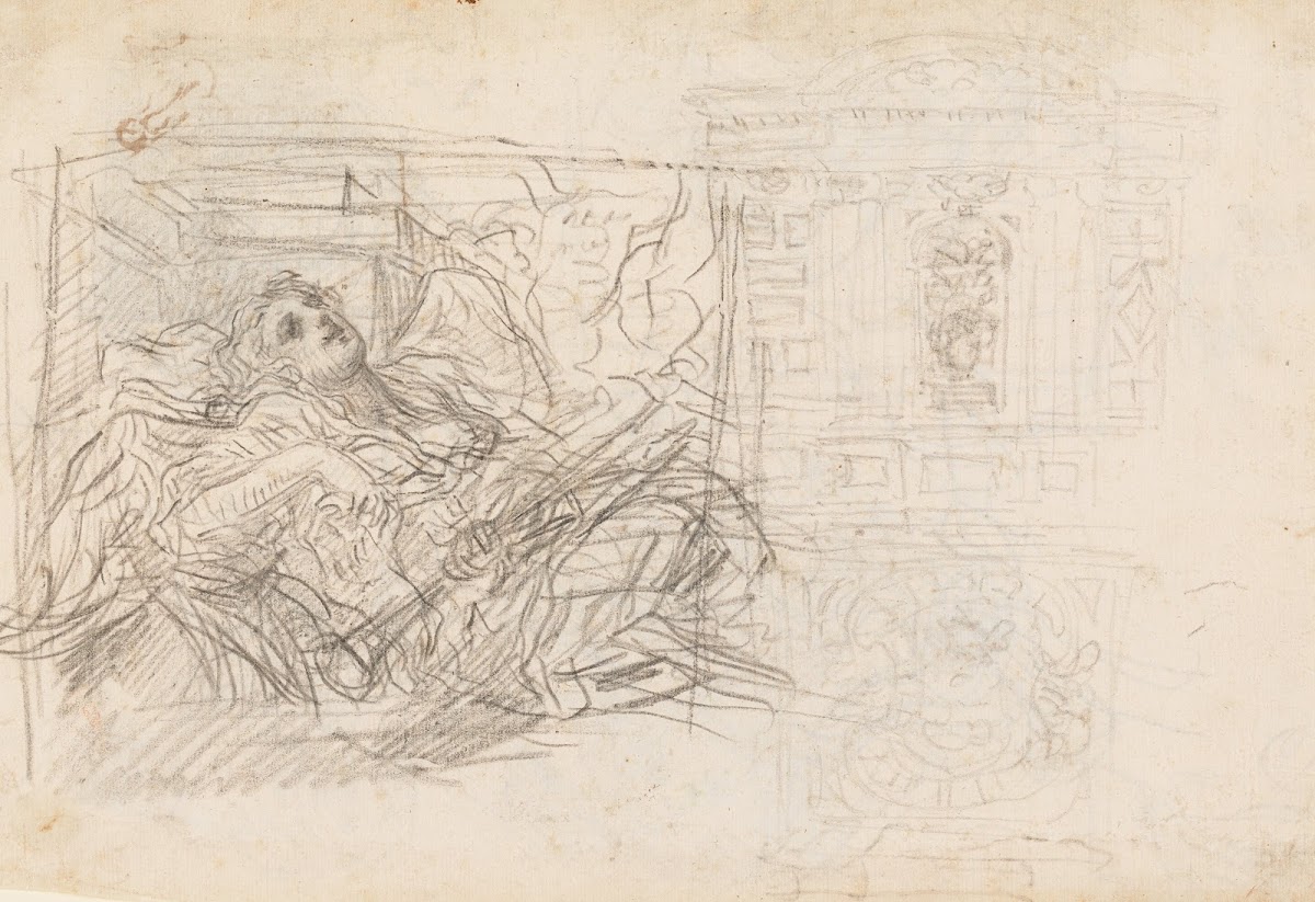 Female Figure Reclining Allegory of Fame Vanquished by Time Architectural Studie