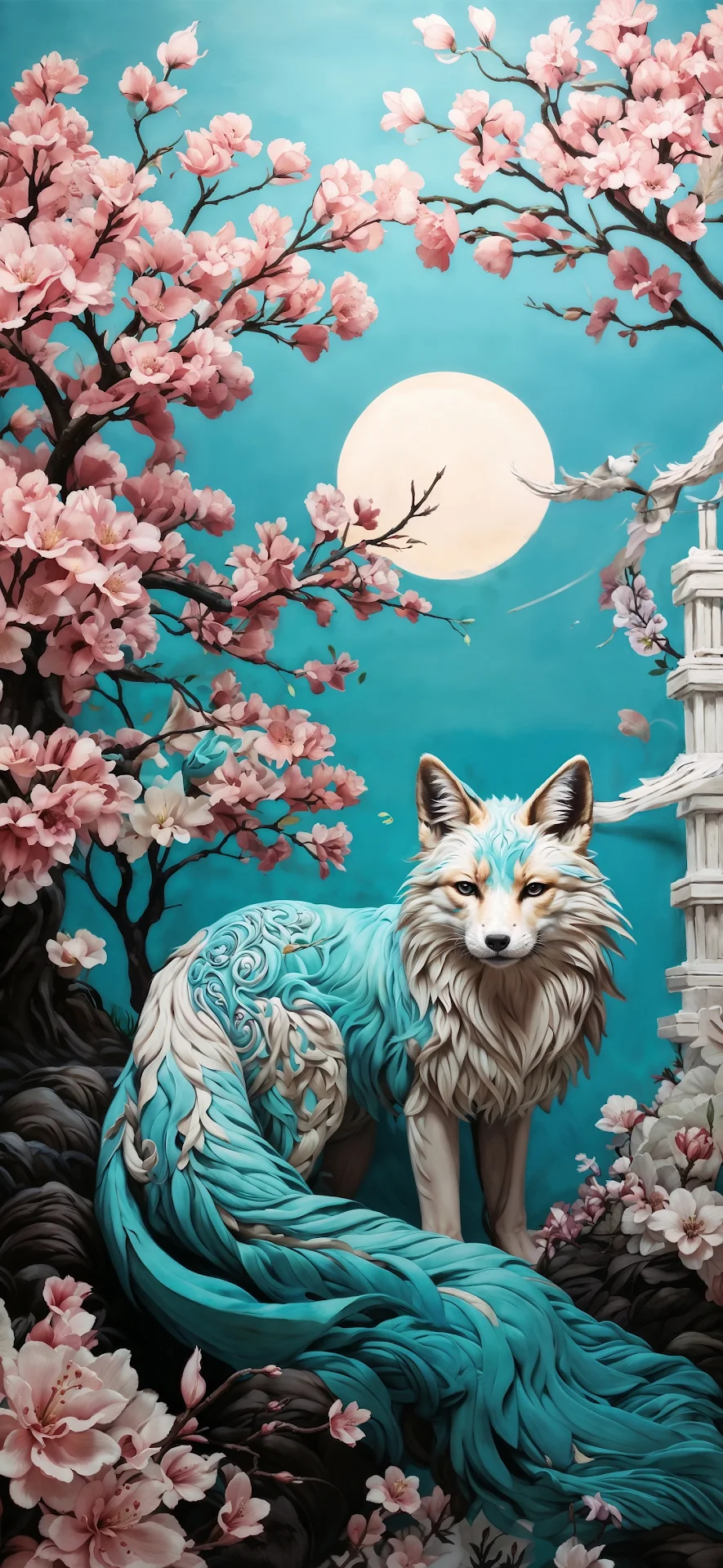 Mystical Fox Amid Cherry Blossoms Under Full Moon - Free 4K mobile Wallpaper