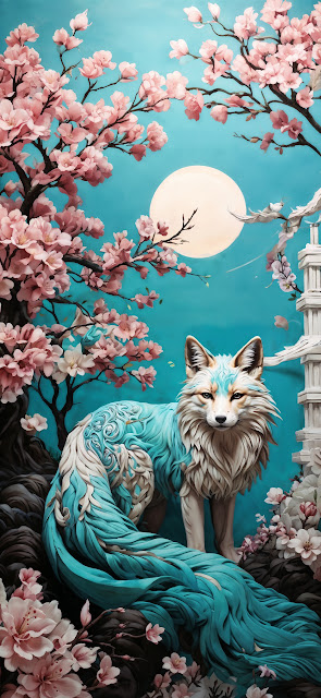 Mystical Fox Amid Cherry Blossoms Under Full Moon - Free mobile Wallpaper