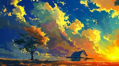 Clouds, House, Trees, Illustration, Colorful 4K Wallpaper Background