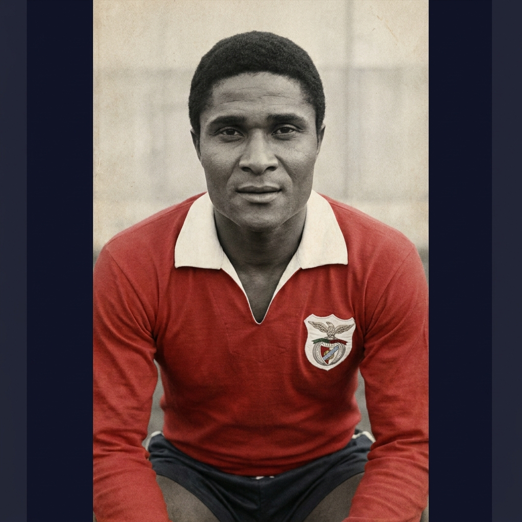 Close crop archival portrait of Eusebio in Benfica kit with authentic period detail and minimalist Funded Plays aesthetic benfica prediction full frame deep navy background and subtle film grain