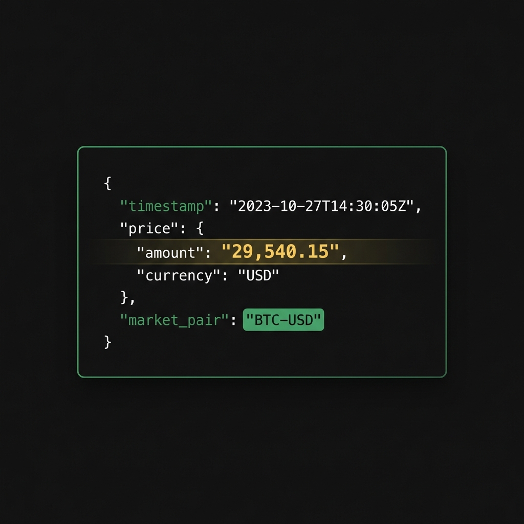 Minimalist screenshot style sample API price response with timestamp price and market pair highlighted on a Finance Police dark background for cyber currency market