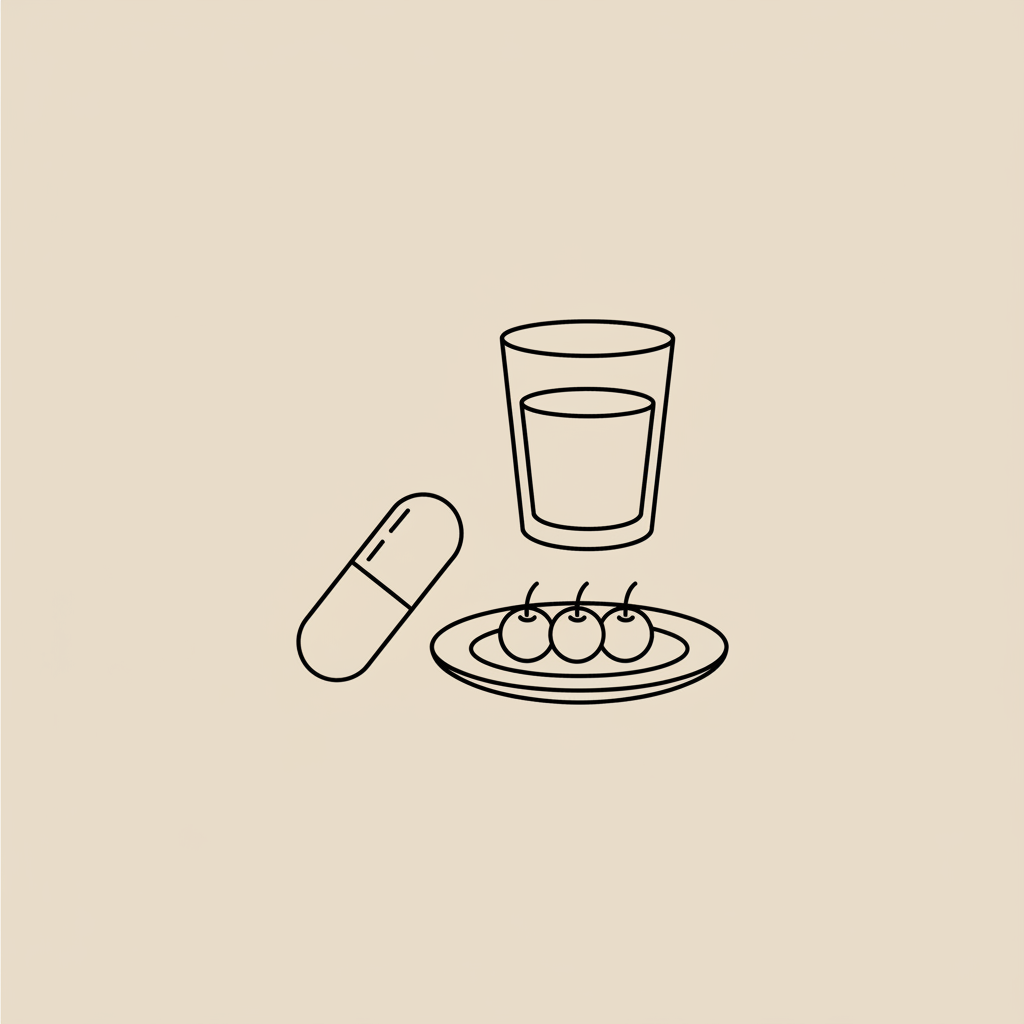 Minimalist line illustration of a capsule, small plate with berries, and a water glass on a beige background representing vitamin d for weight loss