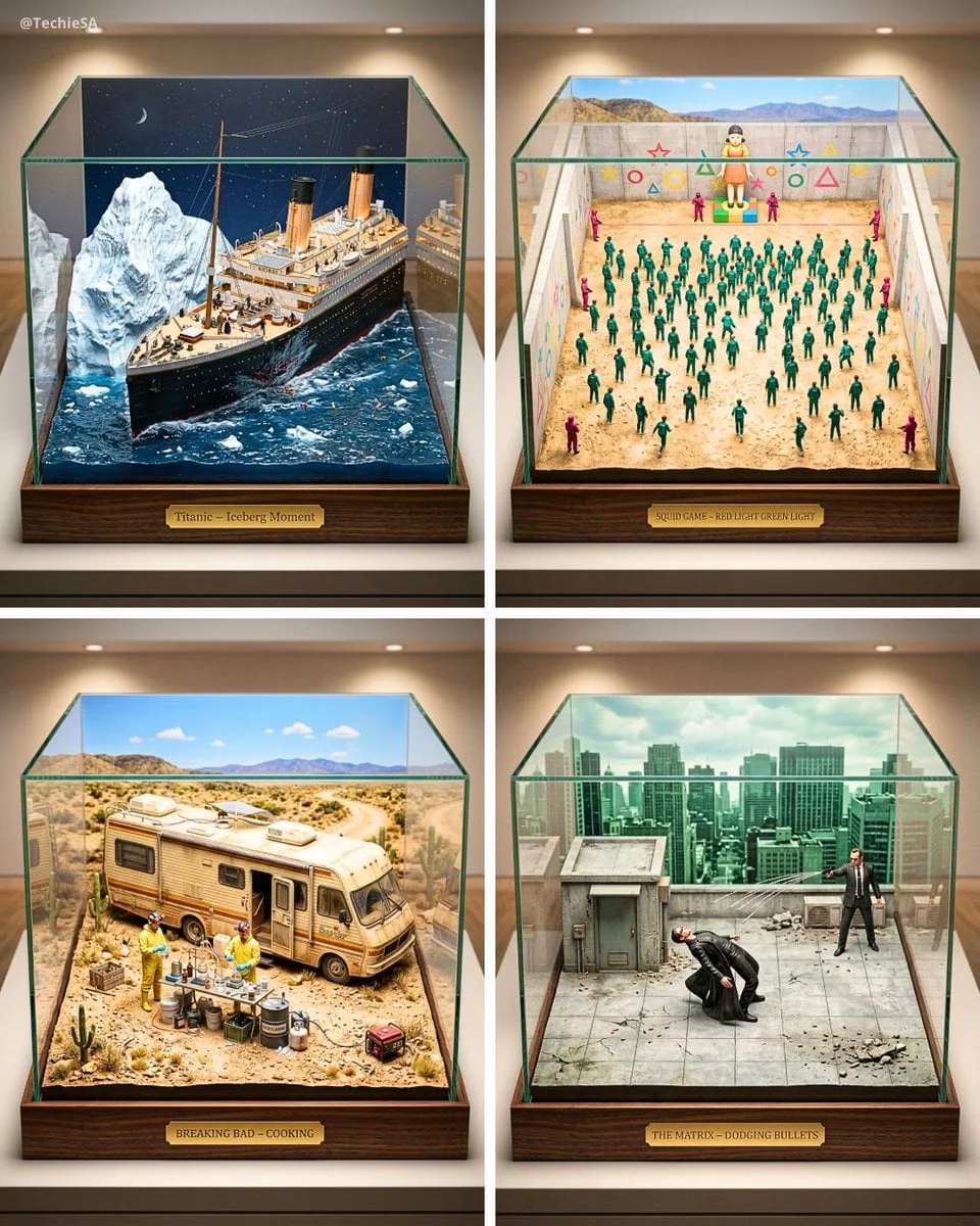 Diorama en miniatura a gran escala y con detalles ultra precisos del [ICONIC SCENE] de [PELÍCULA/SERIE] presentado como un artículo premium...