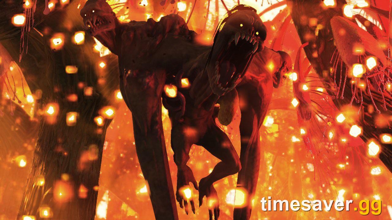 Multiple Wendigo Colossus creatures surge toward players amid particle fire effects during the A Colossal Problem raid event in Fallout 76