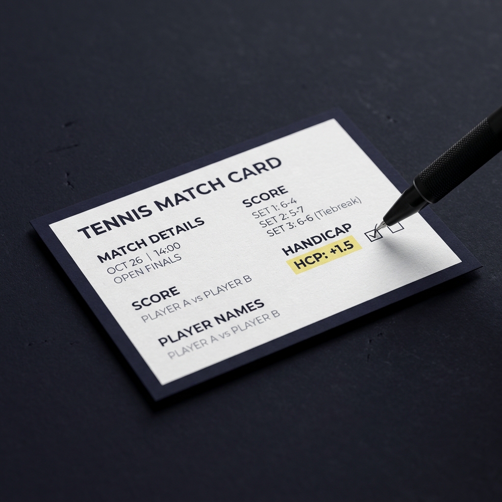 Close up of a printed tennis match card with highlighted handicap value and a pen marking checks illustrating How Game Handicaps Work in Tennis