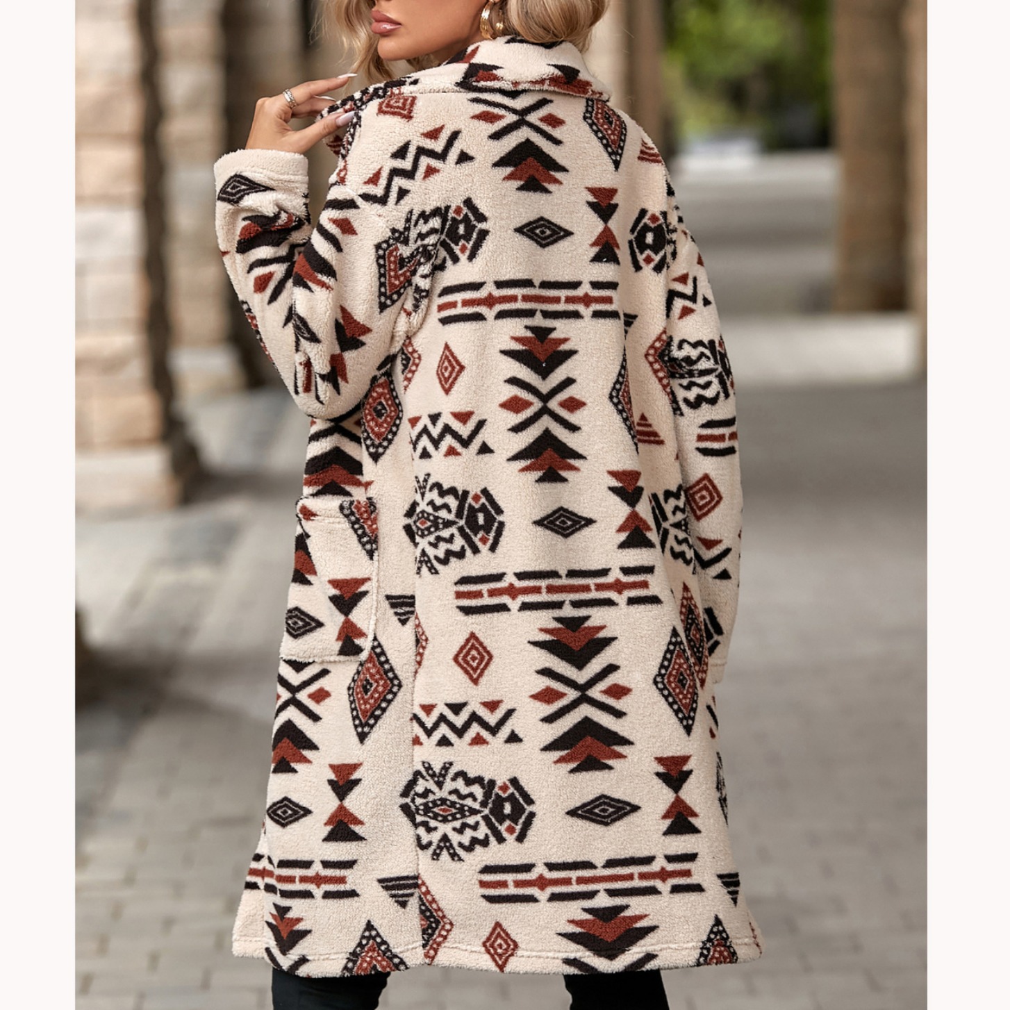 Damen-Mantel mit Ethno-Print, lang, geknöpft