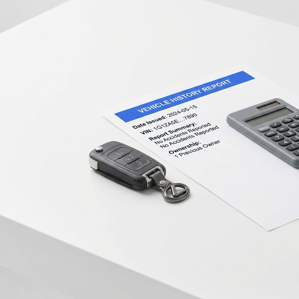 Close up minimalist photo of a car key fob next to a printed vehicle history report with a blue header and a simple calculator on a white table representing a trade-in value calculator