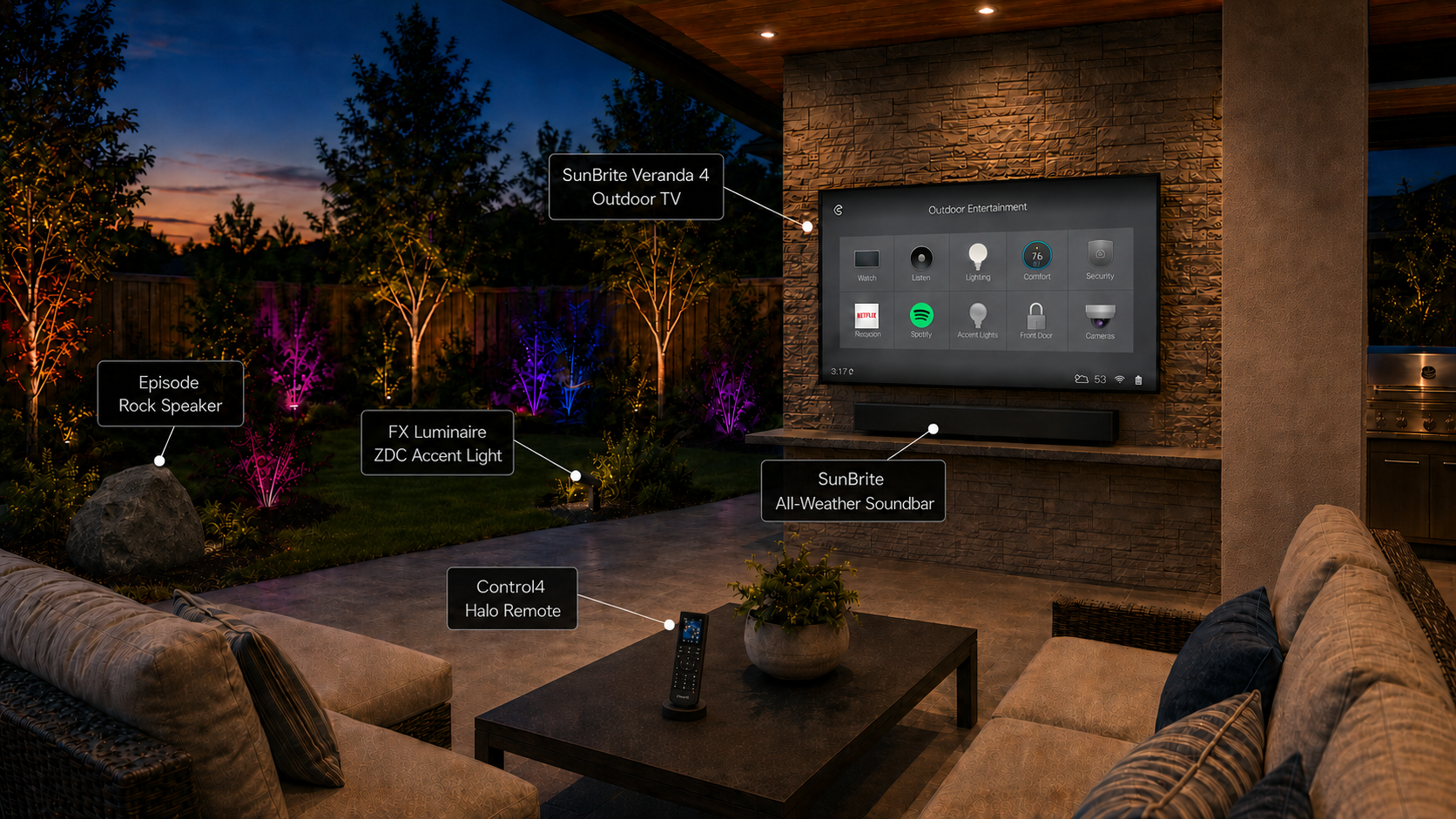 Outdoor entertainment, lighting, audio, and smart home technology