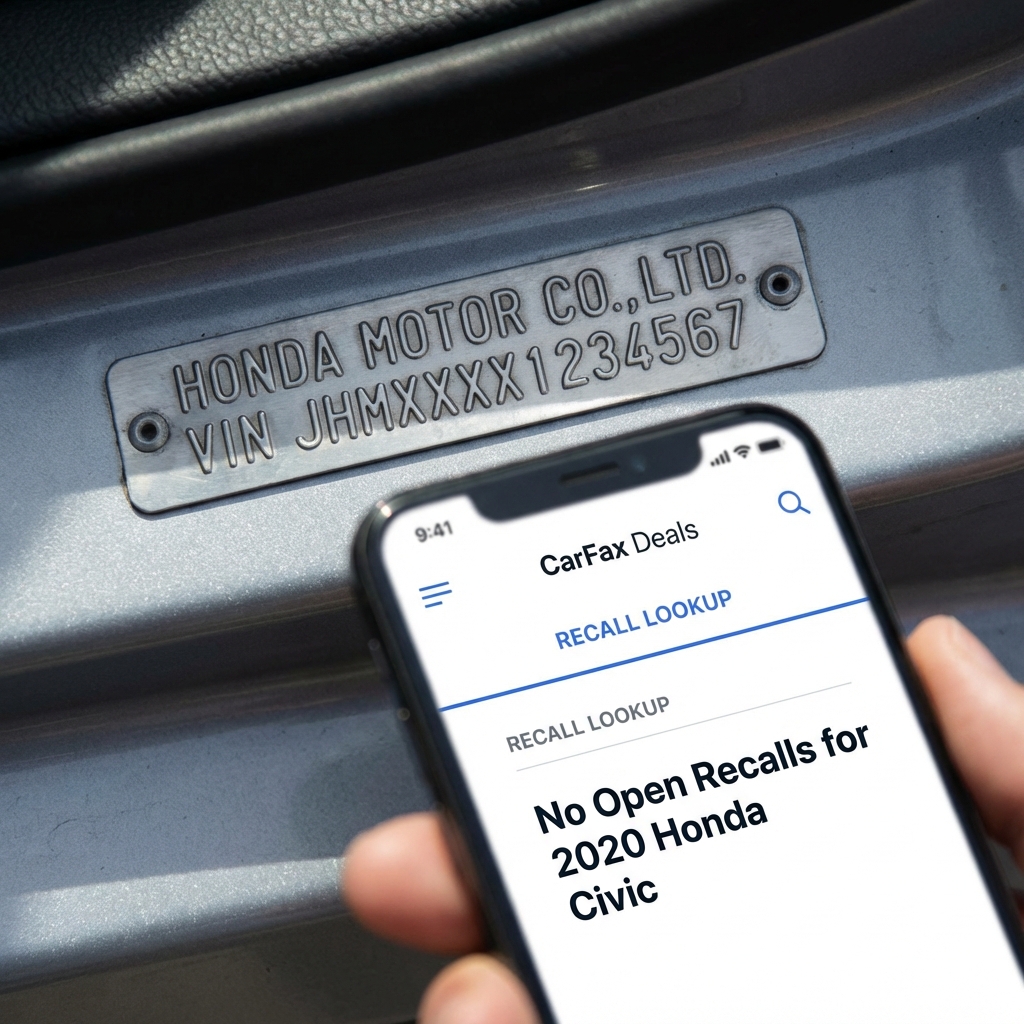 Close up of Honda Civic VIN plate with smartphone showing a recall lookup for a used honda civic for sale minimalist white background and CarFax Deals blue accents