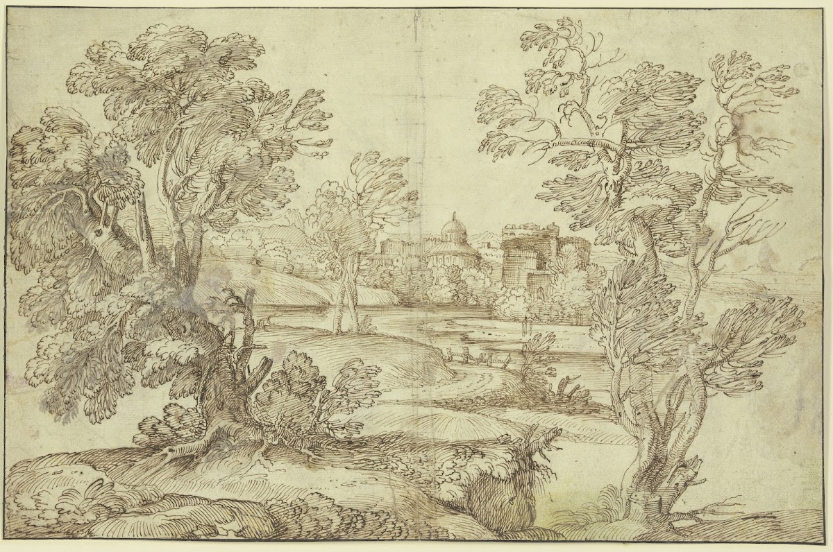 Landschaft mit Wasser Baumgruppen und Gebäuden