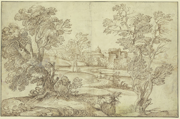 Landschaft mit Wasser Baumgruppen und Gebäuden