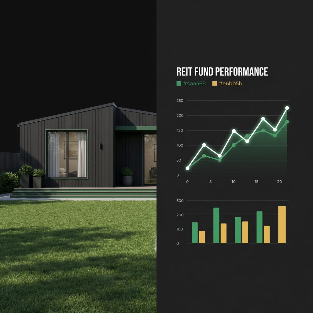Split image comparing a small rental house and a REIT fund performance chart illustrating the choice of business for passive income in Finance Police brand style