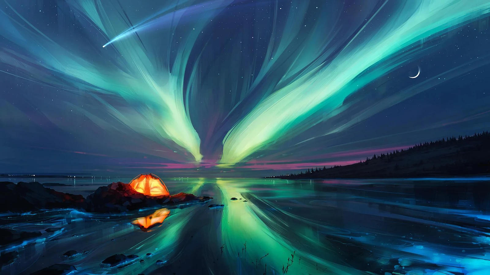 Glowing Tent Under Aurora Sky - Vibrant Digital Painting Full HD Wallpaper (1920x1080)