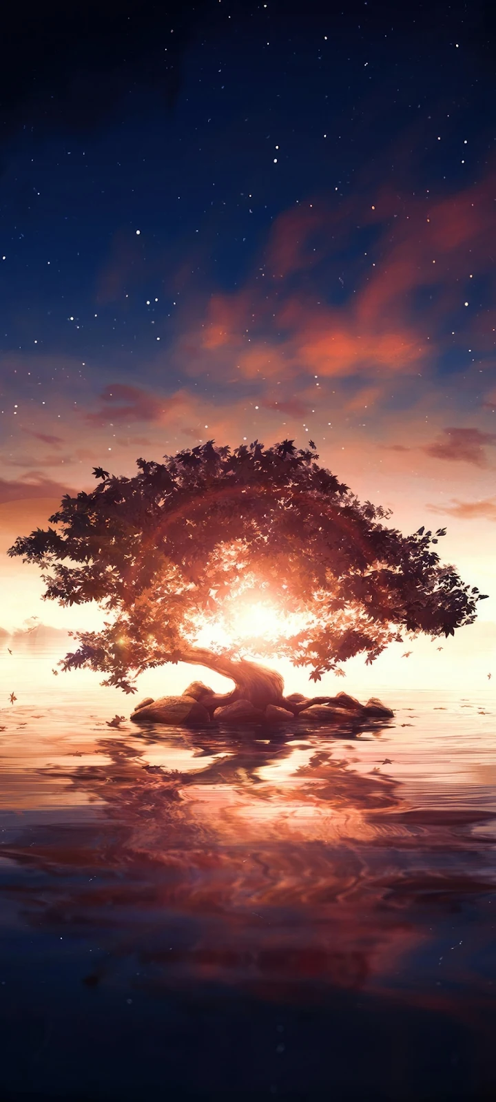 Glowing Tree on Quiet Water - Digital Art iPhone Wallpaper (1032x2293)