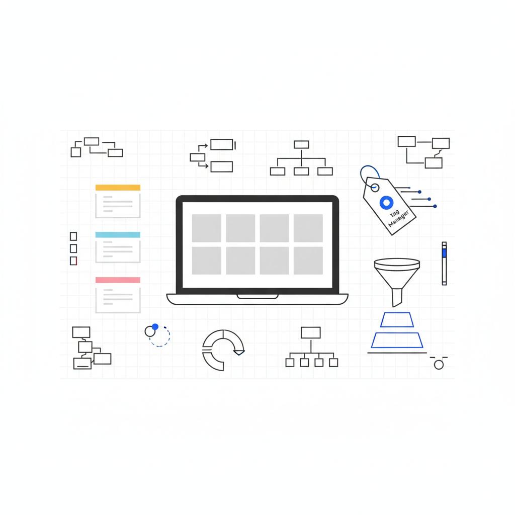 Overhead 2D vector of a minimalist desk with hand-sketched marketing icons (laptop dashboard, tag manager, funnel, sticky thumbnails) in Agency Visible colors &mdash; PPC specialist