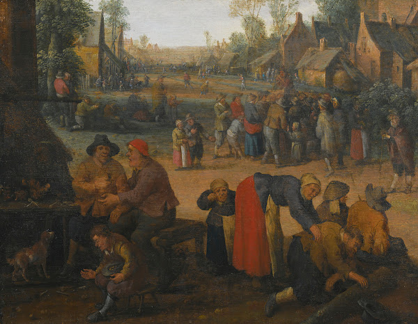 A village scene with numerous peasants and a travelling merchant