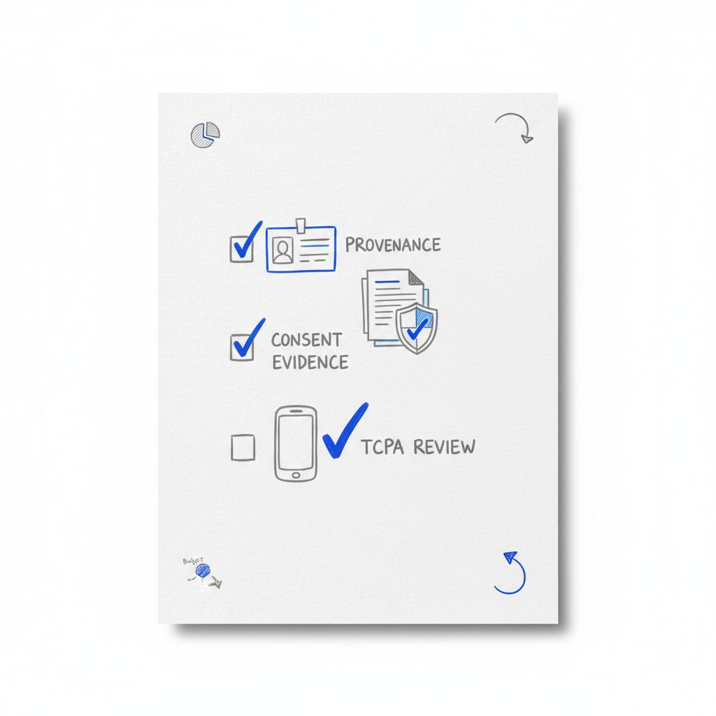Close-up hand-sketched checklist on white surface with icons for provenance, consent evidence and TCPA review, subtle #1a5bfb accents &mdash; buying leads