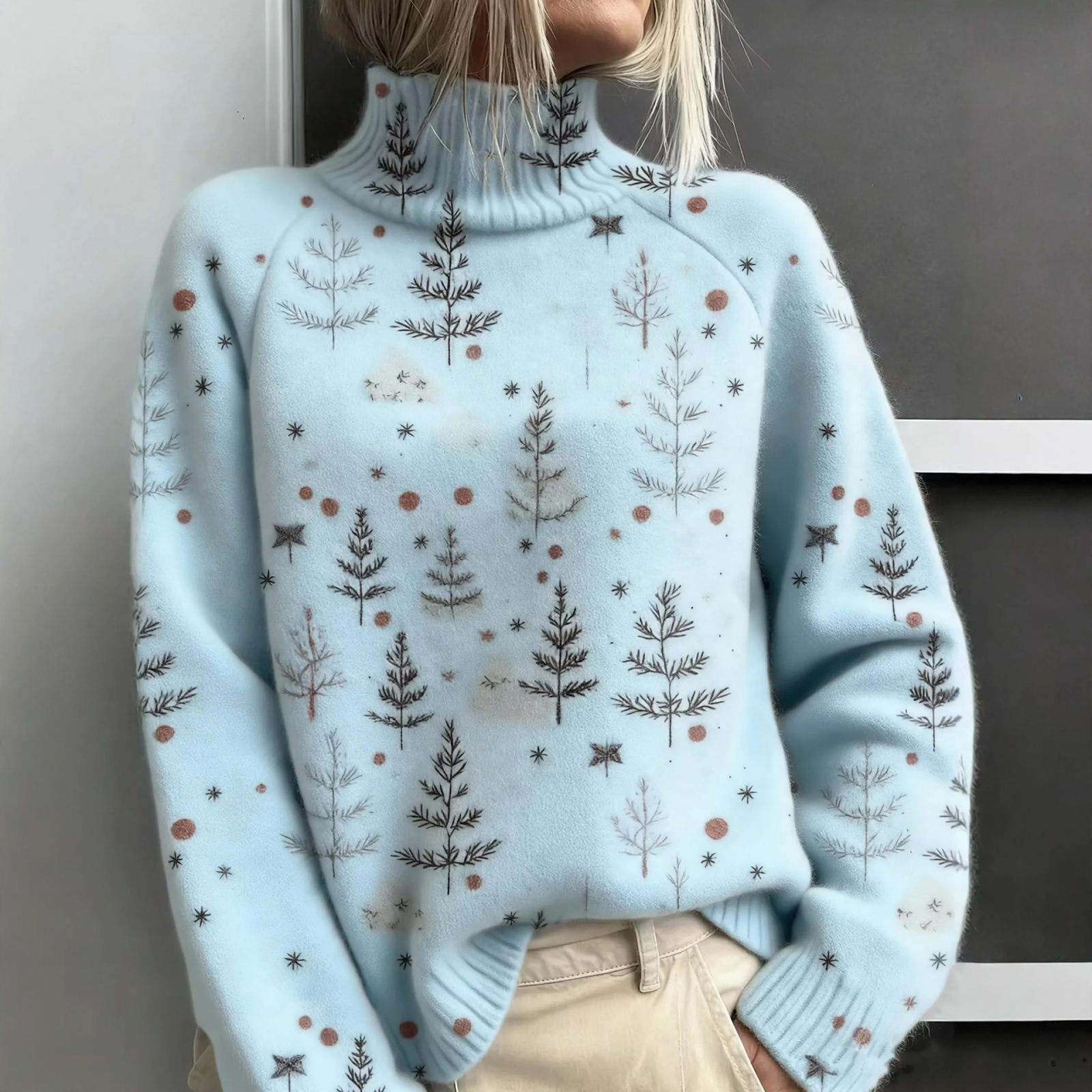 Loosely cut women's turtleneck sweater with Christmas print