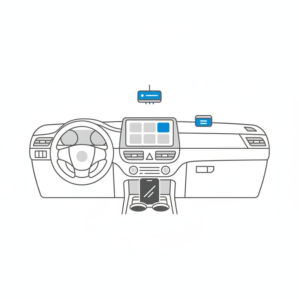 Minimalist 2D vector car dashboard with a generic infotainment screen and phone on a cup holder highlighted with blue 3666ed accents to illustrate Honda common problems