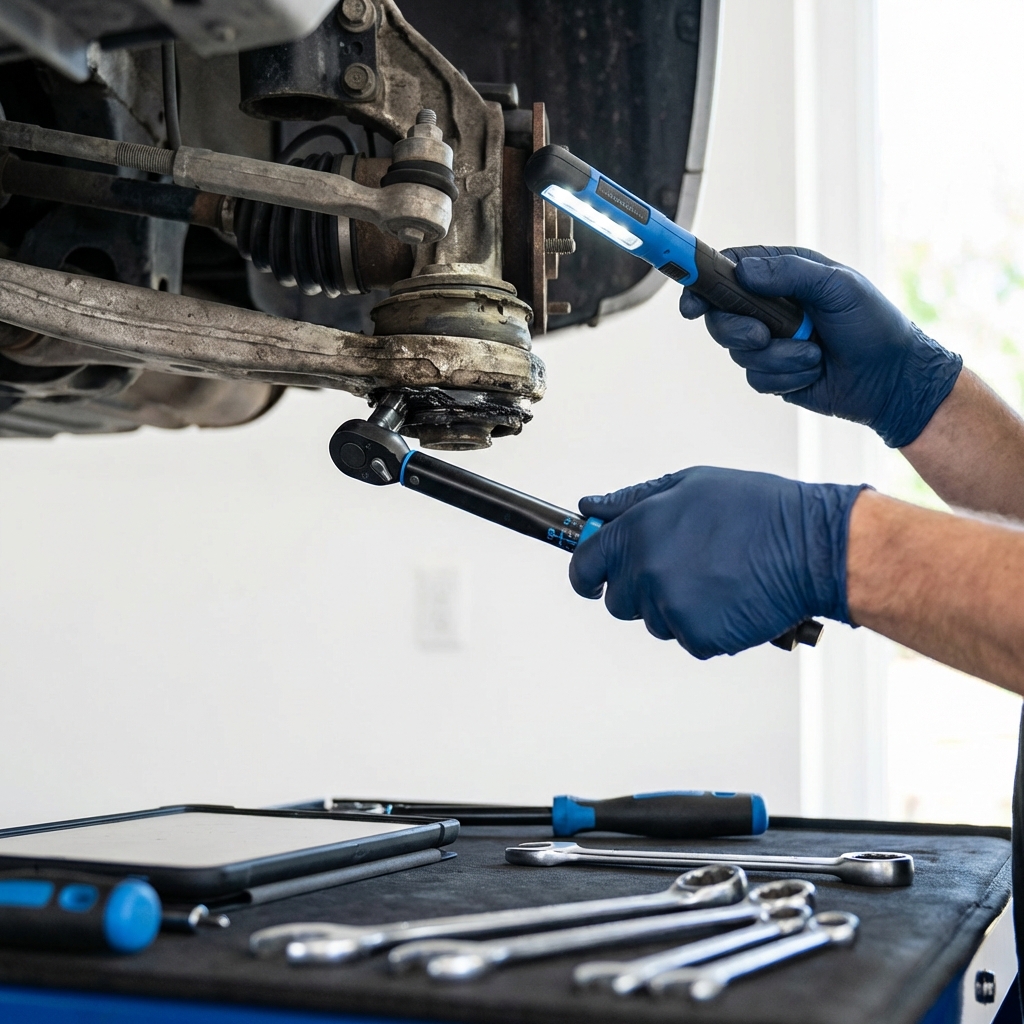 Close up technician inspecting SUV suspension component with tools during pre purchase inspection jeep grand cherokee for sale clean white garage with blue accents