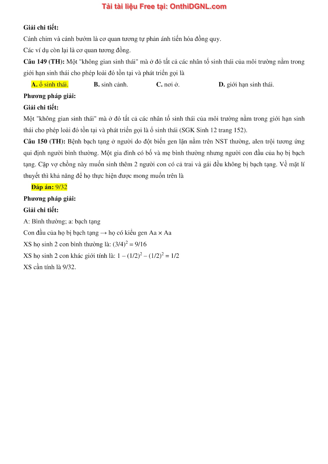 150 bài tập môn Sinh học - Ôn thi ĐGNL ĐHQG HN