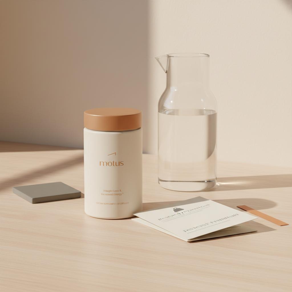 Motus supplement jar on a light wooden table with glass carafe and folded research pamphlet in a minimalist clinical-warm scene highlighting amino acid side effects.