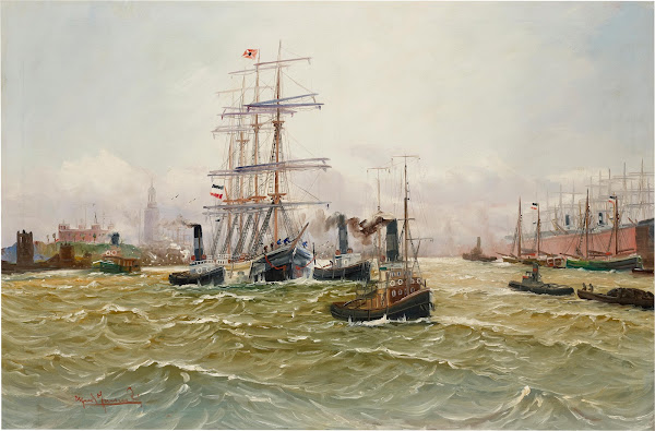 A Three Master And Sail Boats With The French Flag In The Hamburg Harbour