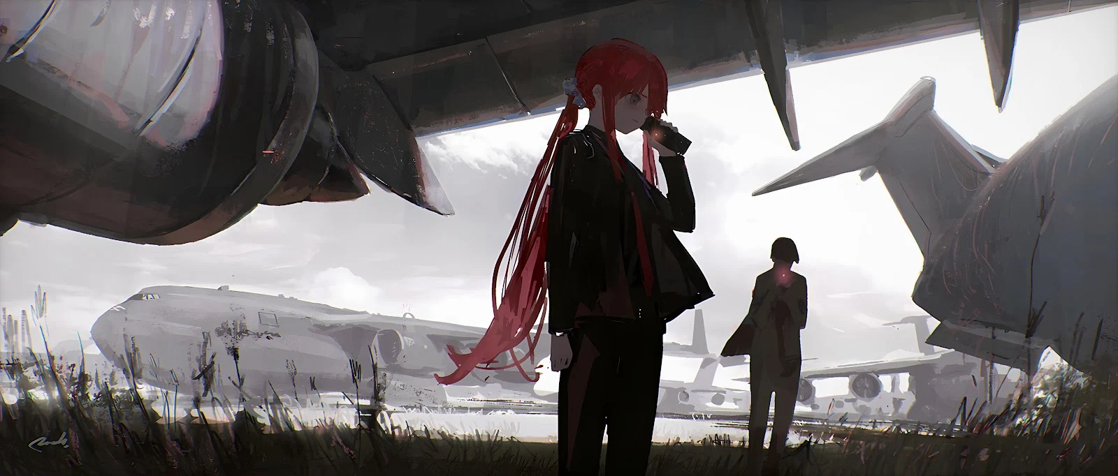 Makima In The Airplane Graveyard - Digital Anime Illustration 5K Wallpaper (6792x2896)