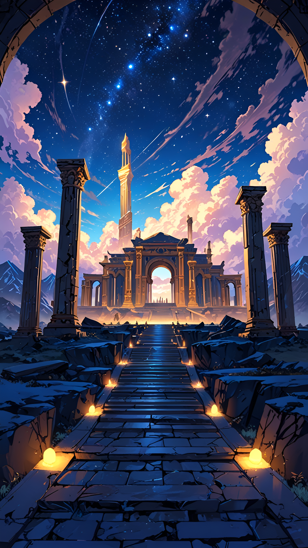 Ancient Ruins Under Starry Sky with Glowing Path - Free 4K mobile Wallpaper