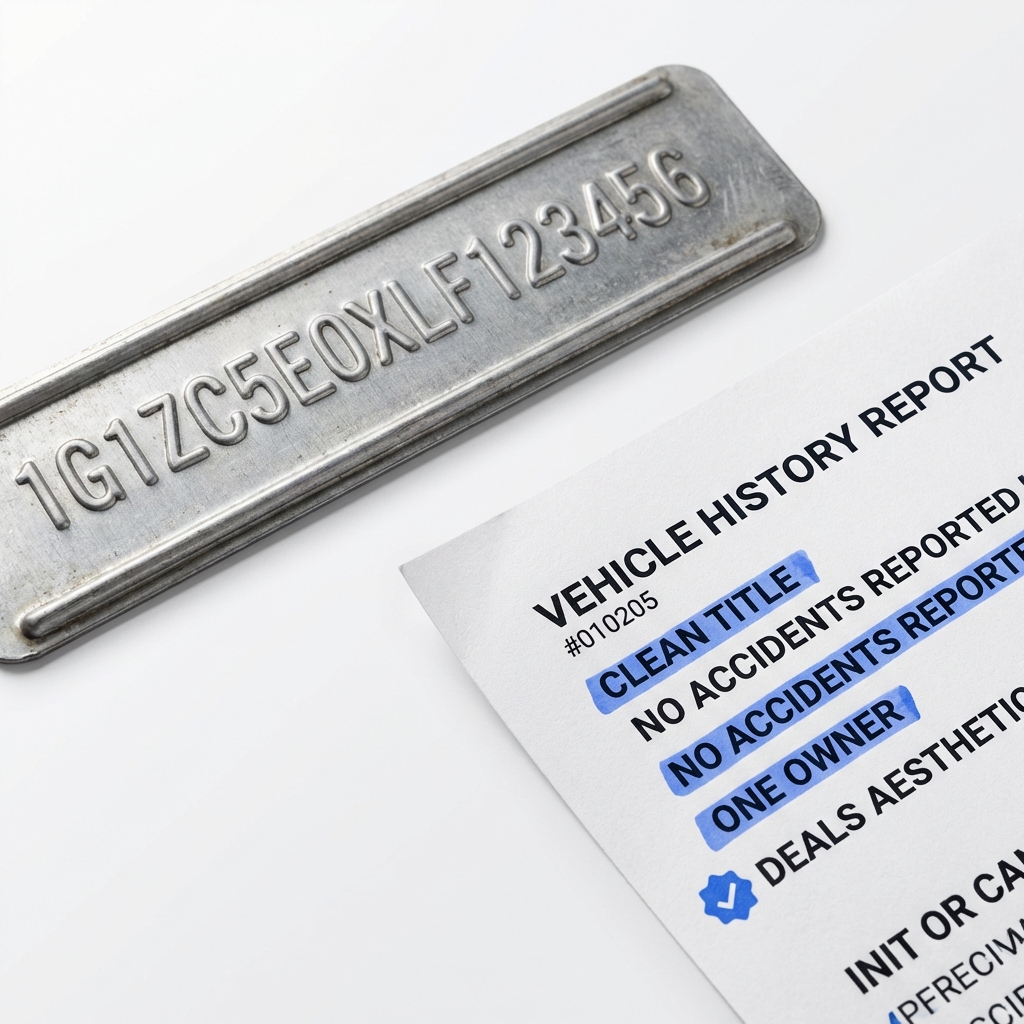 Close up of VIN plate and printed vehicle history report page with highlighted entries showing verification details for used lexus for sale