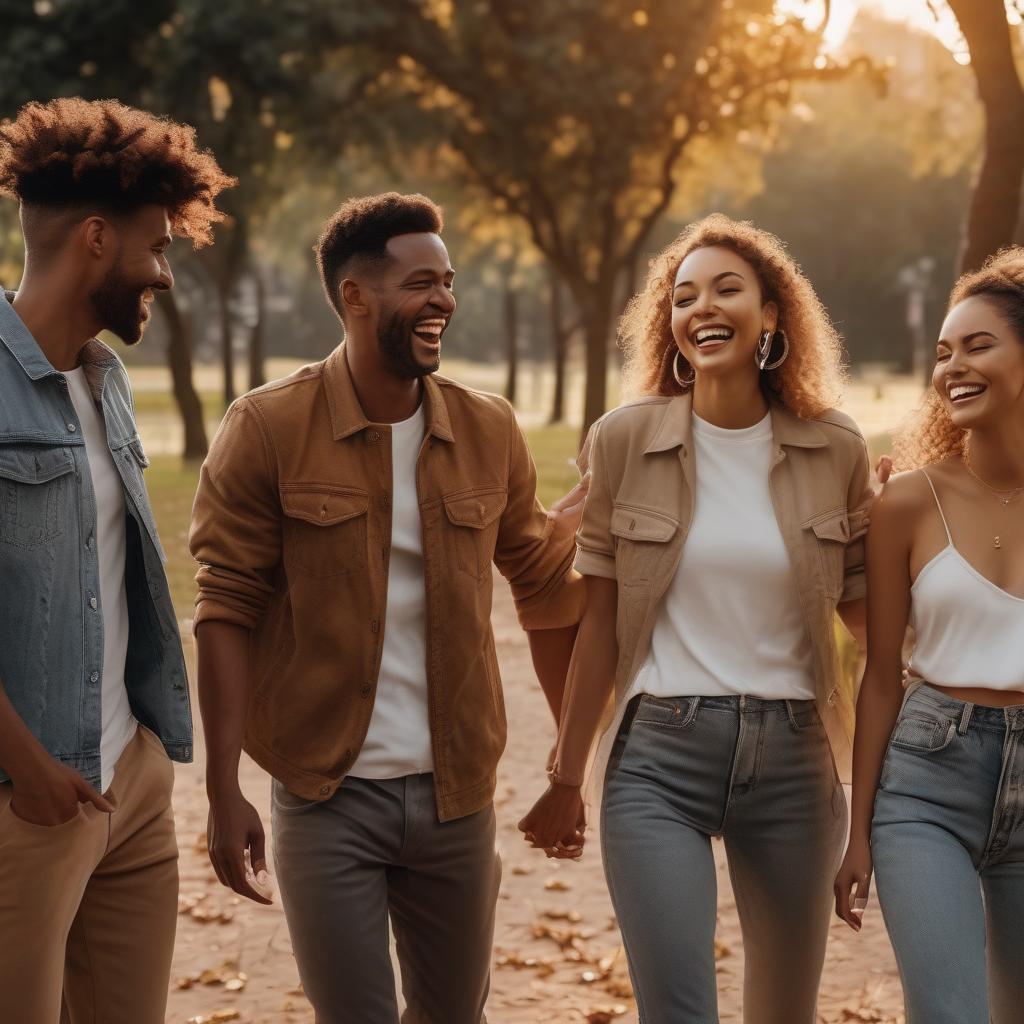 group of friends laughing and walking in a park during sunset