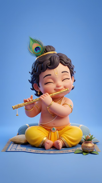 Cute 3D Render of Baby Krishna Playing Flute - Free mobile Wallpaper