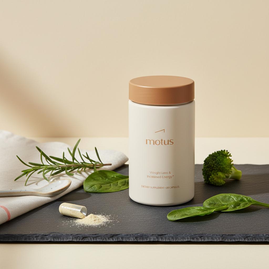 Minimal Tonum product shot with ALA capsule spill on slate tile, spinach, broccoli and rosemary, soft natural light, clean clinical composition, #F2E5D5 background.