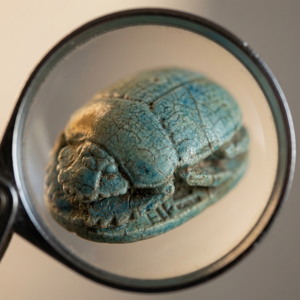 Macro close up photo of a faience scarab under a loupe showing micro cracking and glaze texture on a minimal Aurora Antiqua background ancient egyptian scarab ring price