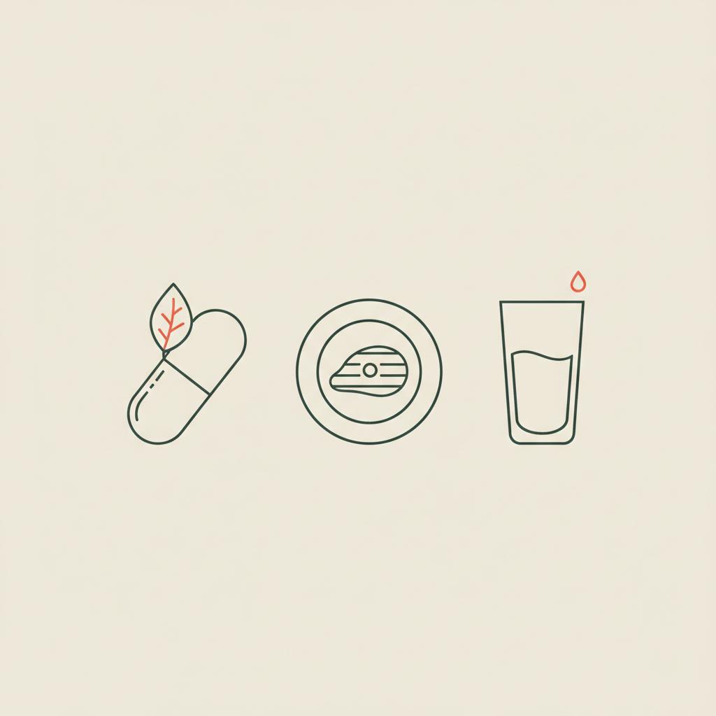 Tonum-style minimalist vector of a capsule with leaf, protein plate, and glass of water on beige background — which supplement is best for fast fat loss