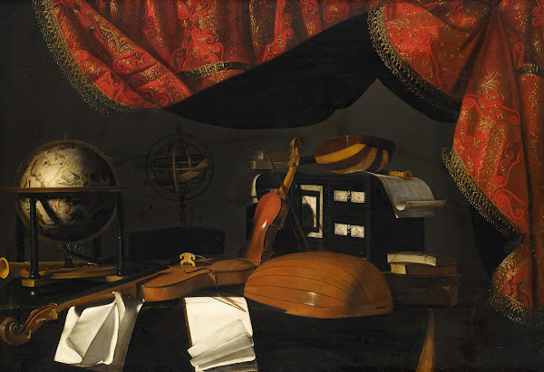 A still life with musical instruments and a globe on a table a curtain behind