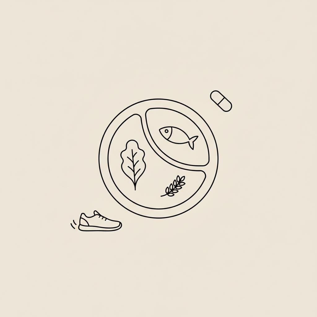 Tonum-style minimalist line illustration of a plate divided into protein, vegetables and small carbs, plus a capsule and walking shoe on a beige background — how to lose tummy fat male