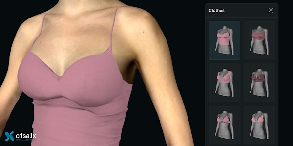 Simulation 3D des seins dans l’application Crisalix avec l’outil « Vêtements » ouvert. 2400px x 1200px.