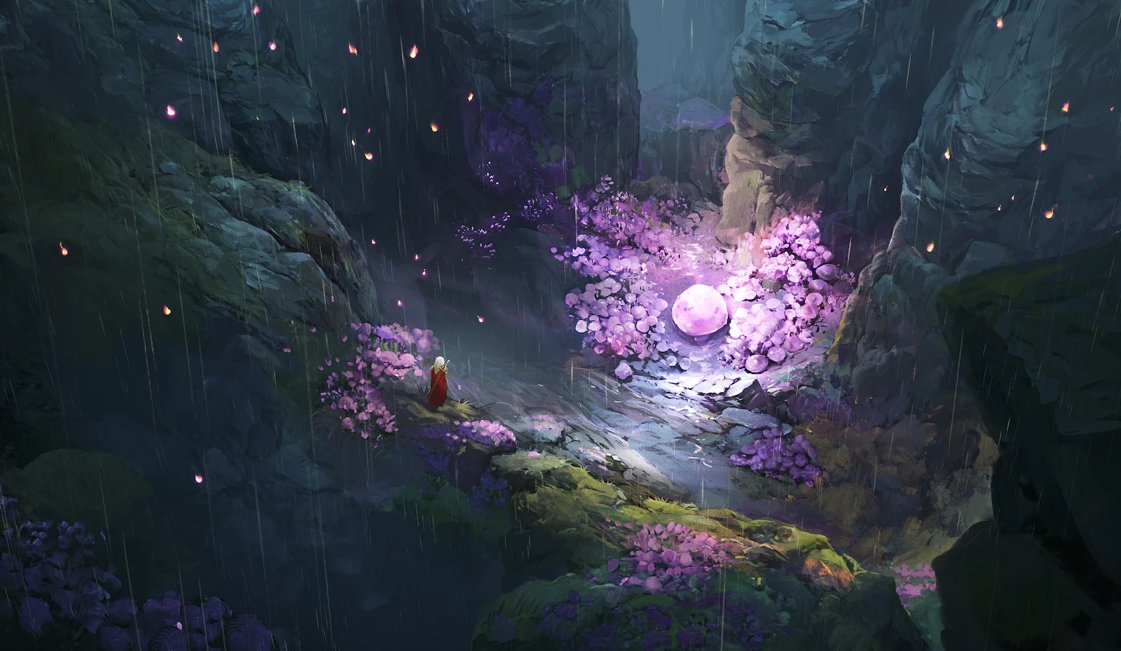Rainy Gorge With Pink Flowers - Digital Fantasy Painting 4K Wallpaper (3840x2232)