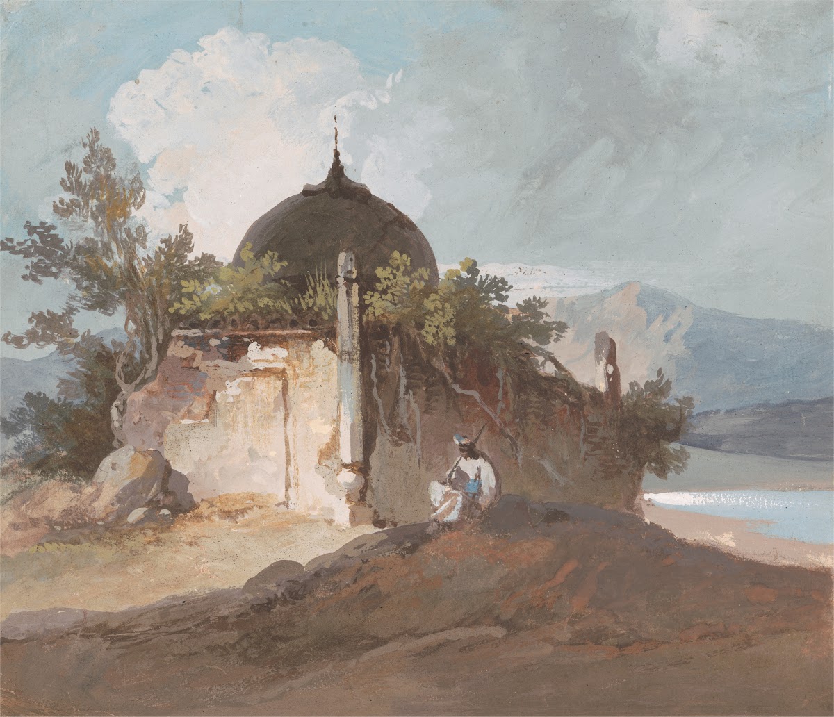 Figure Seated by an Indian Temple
