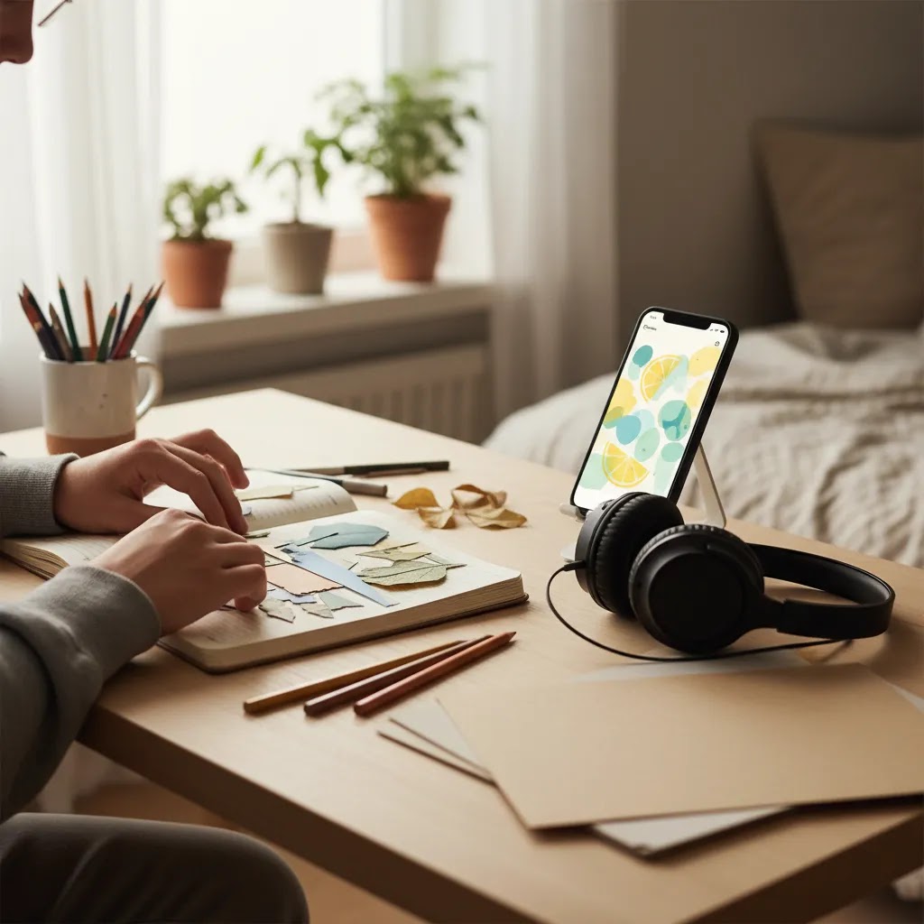Art therapy for children and teens with reflective journaling and a guided mobile app for creative emotional support