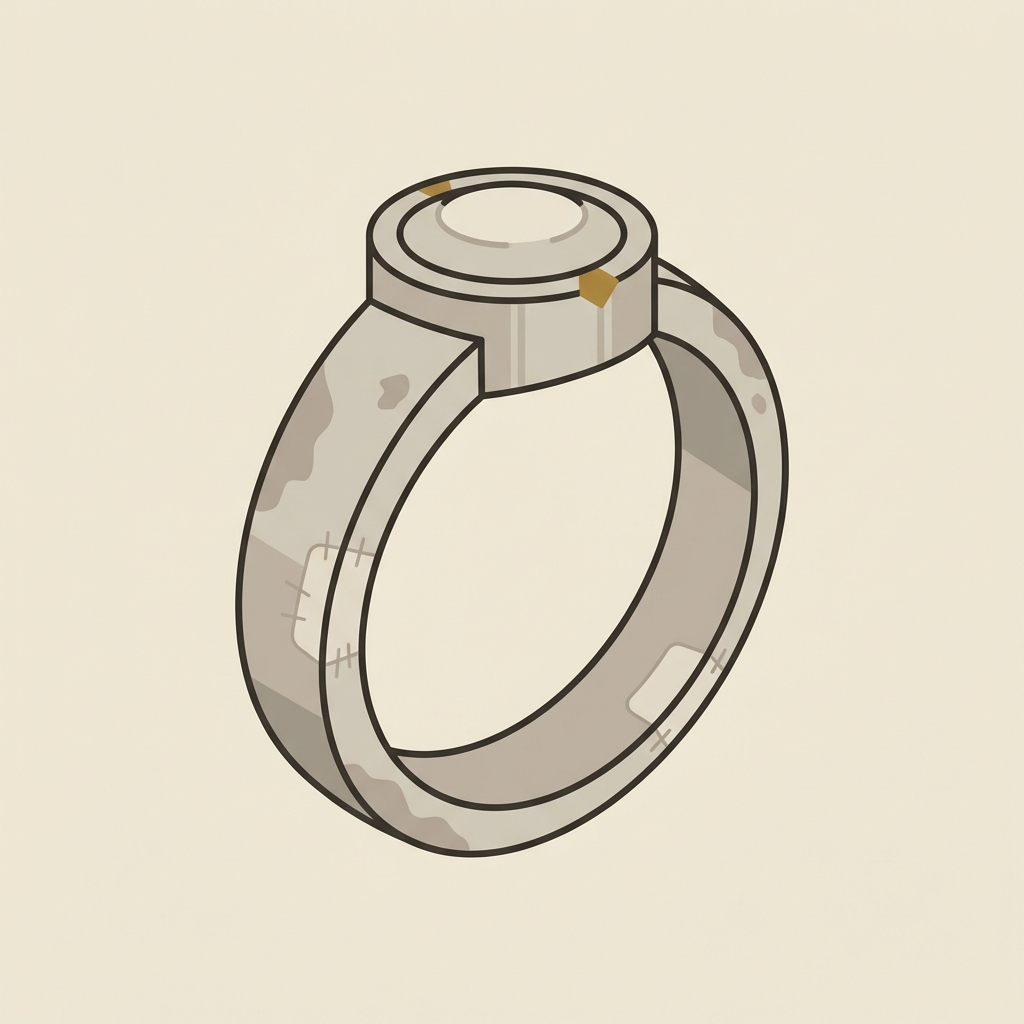 Minimal 2D vector three quarter view of a bezel mounted ring with visible patina and subtle restoration marks on the hoop eye of horus jewelry on warm beige background