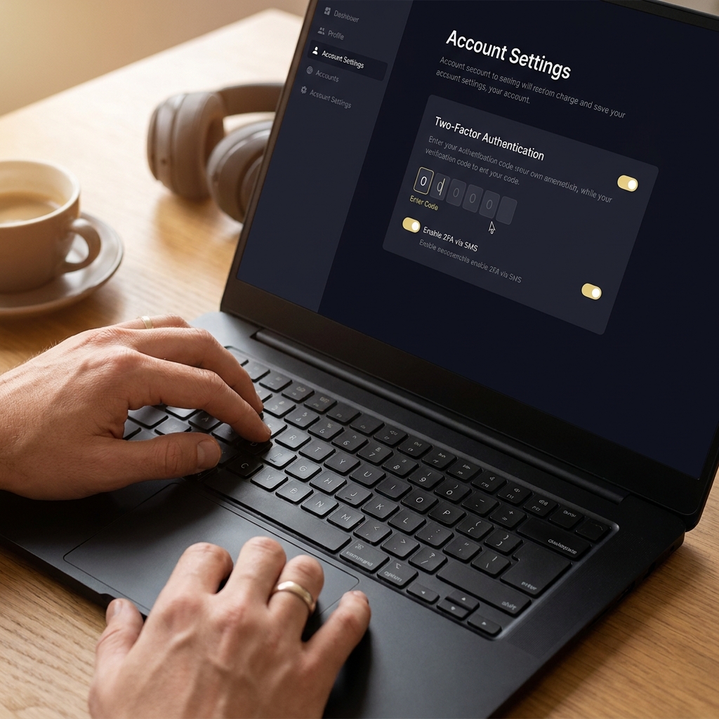 Close up of hands on a laptop showing account settings and a two factor authentication prompt for bovada football represented as a clean generic interface warm lighting full frame